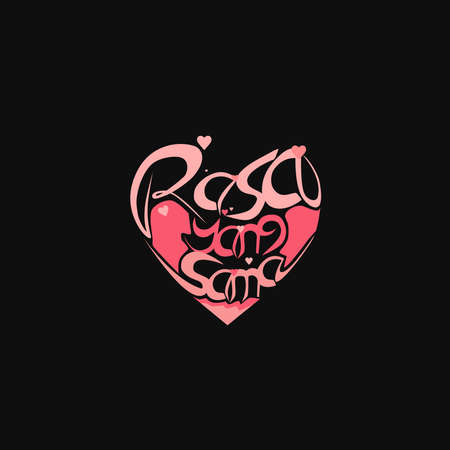 Pink love word lettering and calligraphy, hand-drawn cute heart shape on black background. Valentine's day template or background for Love and Valentine's day conceptのイラスト素材