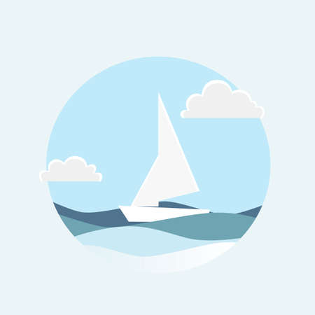 Seascape on a sunny day with waves, clouds, and sailboats. 3D paper cut style. Nautical background, sailboat in paper art design. Vector illustrationのイラスト素材