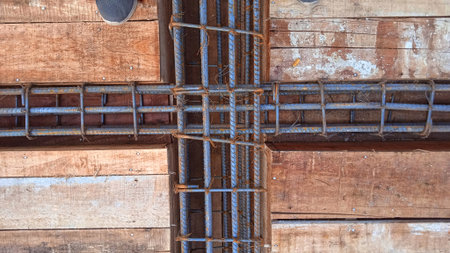 Close up view of concrete reinforcement Steel reinforcement construction at construction site. Steel...