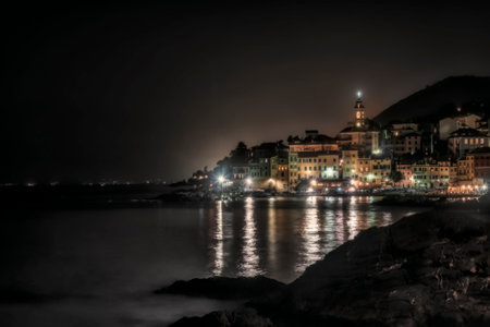 Bogliasco seen from the rocks at nightの写真素材