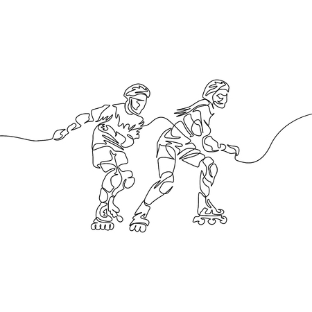 Continuous one line drawing couple rollerblading. Sport, recreation, friendship, relax, hobby theme.のイラスト素材