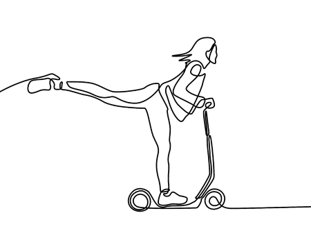 Continuous line woman rides an electric scooter with raised legのイラスト素材