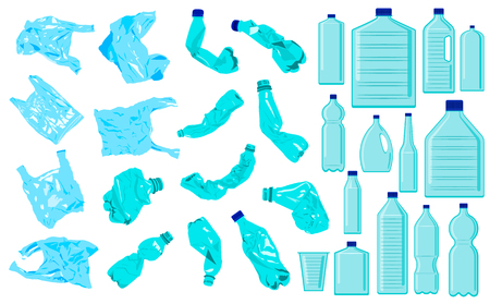 Set of cellophane bags, crumble bottles and plastic bottles. Plastic pollution. Ecology problemのイラスト素材