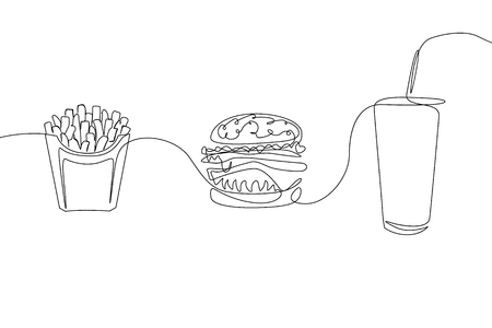 Continuous one line drawing fastfood: French fries, hamburger and a glass of sodaのイラスト素材