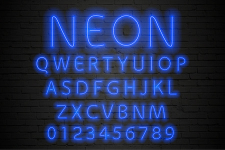 Glowing blue neon alphabet. Neon letters and numbers. Vector. EPS 10のイラスト素材