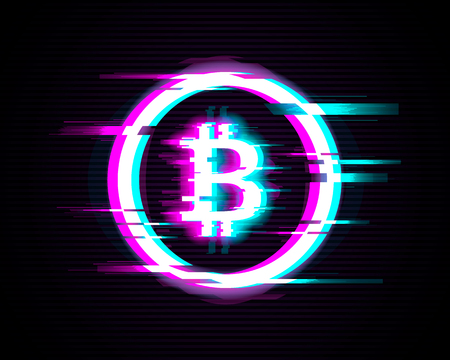 Illuminated Bitcoin symbol with glitch effect. Vector illustrationのイラスト素材