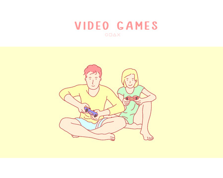 Young couple playing video game. hand drawn style vector doodle design illustrationのイラスト素材