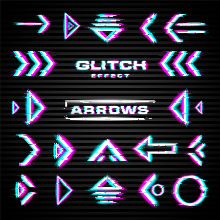 Set of glitch arrows, pointers, direction. Glitch design elements. Tech, science and hacker theme. Vector.のイラスト素材