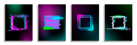 Set of Glitch squares with neon effect. Distorted shapes. Vector illustration with geometrical...