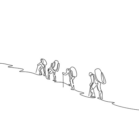 Continuous one line drawing group of four travelers hiking in the mountainsのイラスト素材