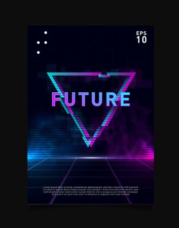 Triangle glitch effect on laser grid with blue and pink glows and smoke. Retrowave vaporwave synthwave design for poster, flyer, cover, brochure, card, club invitation.のイラスト素材
