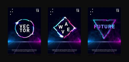 Retrowave vaporwave synthwave Circle, triangle and rhombus with glitch effect, laser grid and highlights. Design for poster, flyer, cover, brochure, card, club invitation. Eps 10のイラスト素材
