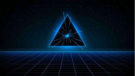 Retrowave synthwave vaporwave blue cyber laser grid with blue glowing triangle portal with speed rays in starry space.のイラスト素材