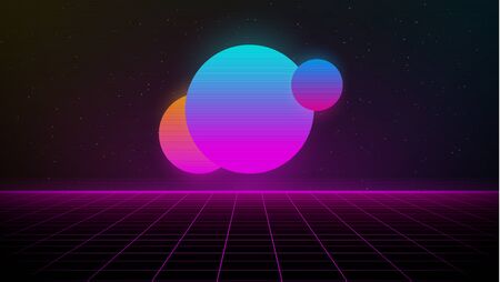 Synthwave cyberspace of pink laser grid with colorful glowing gradient suns over the horizon on starry space background. Retrowave style illustration for banner, flyer, poster etc.のイラスト素材