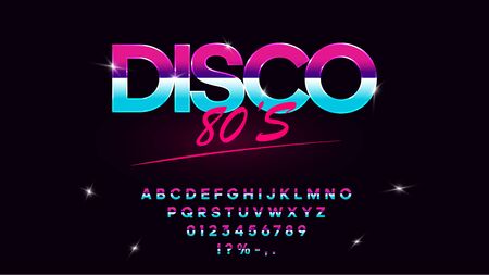 Retrowave synthwave vector font in 1980s style. Retro design letters, numbers, symbols and set of lens flare on dark background. Type for flyer, banner, poster, cover, etc. Vector. Eps 10のイラスト素材