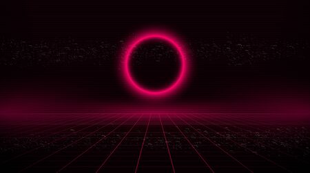 Retrowave sci-fi pink laser perspective grid background with glowing circle. Retrofuturistic cyber laser landscape with TV glitch white noise effect.のイラスト素材