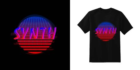 Synthwave. Stylish t-shirt and apparel retro design with SYNTH inscription on stripped circle with laser grid background. Typography, print, vector illustration.のイラスト素材