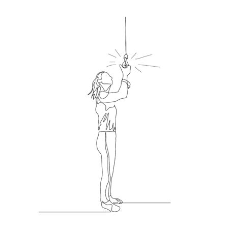 Continuous one line woman sets a light bulb and she starts to glow. Concept of new idea and creativity. Vector illustration.のイラスト素材