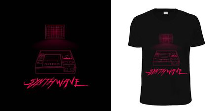 Synthwave. Stylish t-shirt and apparel retro design with pink contour TV with glowing screen and perspective retro audio recorder on foreground with SYNTHWAVE inscription.Typography, print, vector illustration.のイラスト素材