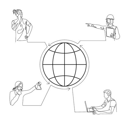 Continuous one line specialists from various professions around the world join forces to solve a problem. The concept of unity, cohesion, teamwork, freelance. Vector stock illustration.のイラスト素材