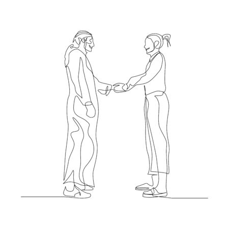 Continuous one line man in arabic clothing shakes hands with a woman. Business concept. Vector stock illustration.のイラスト素材