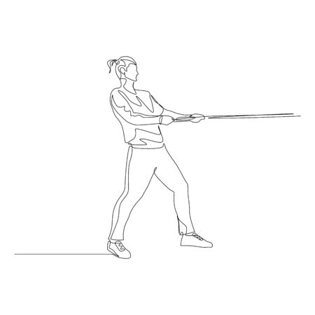 Continuous one line ponytail man pulls a rope. Tug of war. Vector stock illustration.のイラスト素材