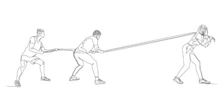 Continuous one line one woman pulls two men in tug of war. Feminism. Vector stock illustration.のイラスト素材