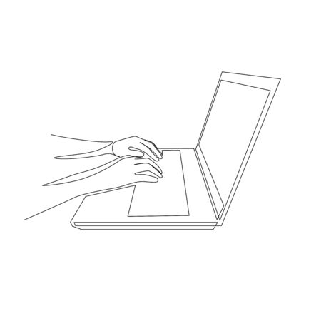 Continuous one line hands are typing on a laptop. Close-up side view. Vector stock illustration.のイラスト素材