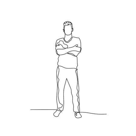 Continuous one line man keeping arms crossed. Stock vector illustration.のイラスト素材