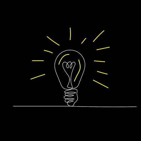 Continuous one line light bulb on black background. Vector stock illustration.のイラスト素材