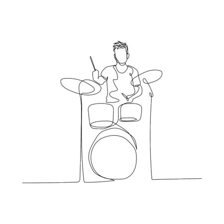 Continuous one line man playing drums. Vector illustration.のイラスト素材