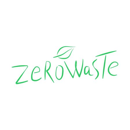 Zero waste handwritten text title sign with green tree leaf. Ecology management concept isolated illustration on white background. Vector illustration.のイラスト素材