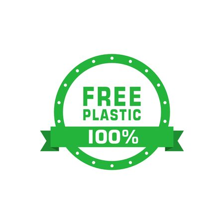 Plastic free 100 percent green sign with ribbon. Eco friendly concept design element. Vector illustration.のイラスト素材