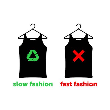 Slow fashion is the right choice to save earth. Two t-shirts on hangers with red cross and green recycle sign. Vector illustration.のイラスト素材