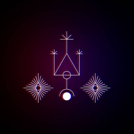 Sacred geometry symmetrical drawings with glitch effect. Mysterious figures, symbols, circle, triangle, eye etc. Design symbols for puzzle, logic, metroidvania, indie games. Vector illustration.のイラスト素材