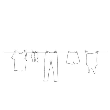 Continuous one line clothes dry on a rope. Vector stock illustration.のイラスト素材