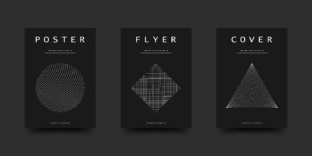 Elegant black and white colors cover set. Circle, rhombus, a triangle with an abstract geometric pattern. Vector minimalist design for a template of poster, flyer, card, brochure.のイラスト素材