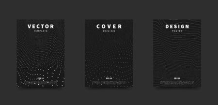Big data background. Wave of particles. Dots futuristic cyber backdrop. Black and white technology cover set. Vector design template for poster, flyer, card, brochure.のイラスト素材