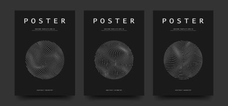 Minimalist black and white colors cover set. Circle shape with abstract wavy lines pattern. Vector design for a template of poster, flyer, card, brochure. Eps 10の写真素材