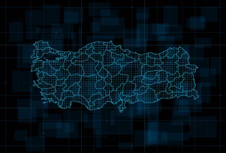 HUD map of the Turkey with provinces. Cyberpunk Futuristic digital dark blue background. Editable...