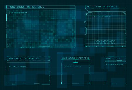 Set of HUD user screen interface on dark blue digital hi tech background. Futuristic layout of control panel and user menu in HUD style. Editable stroke. Good for animation. Vector illustrationのイラスト素材
