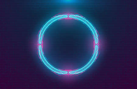 Futuristic illuminated cyberpunk hologram circle. Modern circle with blue hud neon effect and pink...