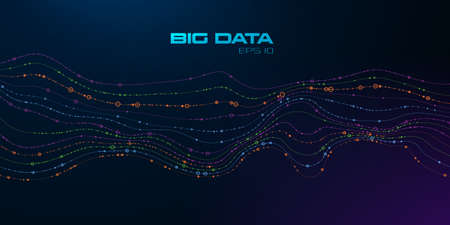 Big data visualization. Wavy stream of particles. Wavy stripes of data units on dark gradient background. Science, technology, education concept. Vector illustration. Eps 10.のイラスト素材