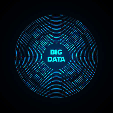 Big data visualization. Blue futuristic circular diagram with copy space in the center. A radial cluster of blue segments. Design for business, science, technology. Vector illustration.のイラスト素材