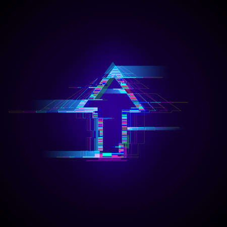 Futuristic cyberpunk glitch up arrow. Modern glowing pointer with distortion effect. Good for design promo electronic music events, game titles, banners, web. Vector illustrationのイラスト素材