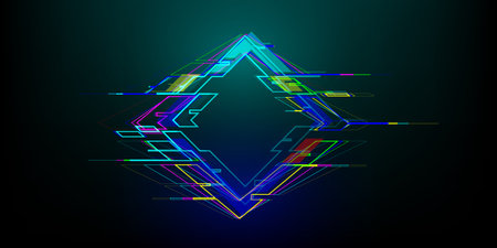 Futuristic glitch rhombus in cyberpunk style. Modern glowing geometry shape with distortion effect. Good for design promo electronic music events, games, banners, web. Vector illustrationのイラスト素材