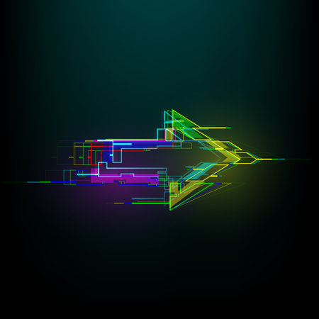 Futuristic glitch right arrow in cyberpunk style. Modern glowing direction pointer with distortion effect.のイラスト素材
