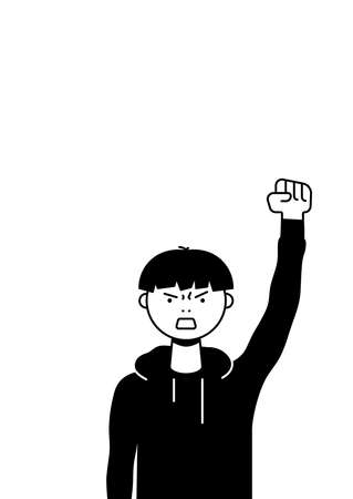 A man protests with a raised up fist, screaming angrily. Male protester or activist. Design for vertical banner, flyer or placard with copy space. Vector flat illustration.のイラスト素材