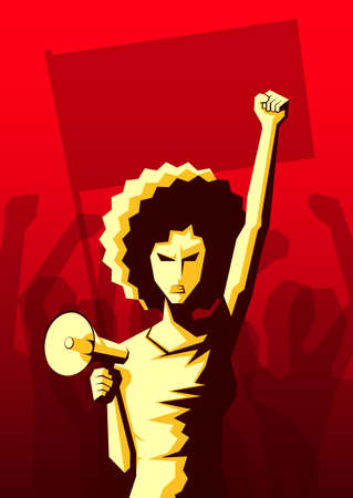 Angry woman with afro hairstyle and loudspeaker raised up her fist with crowd of people with flag and hands raised in the air on the background. Revolution, political protest. Vectorのイラスト素材