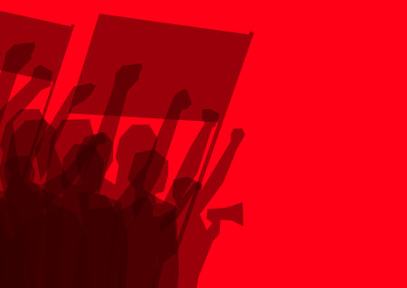 Silhouette of the crowd of protest people with flags, loudspeakers, and raised up hands on the red...